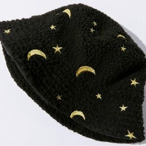 Dolls Kill Black Faux Sherpa Bucket Hat with Moon and Stars Design